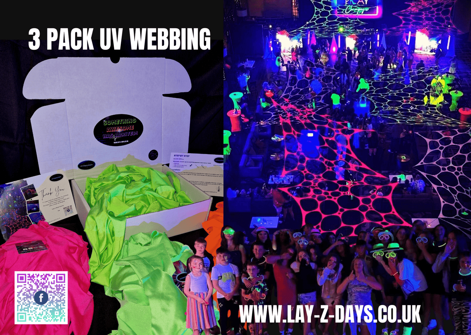 UV Event Decoration Packs. UV Reactive stretch event decor made with lycra spandex, printed in uv ink. Glow in the dark decor