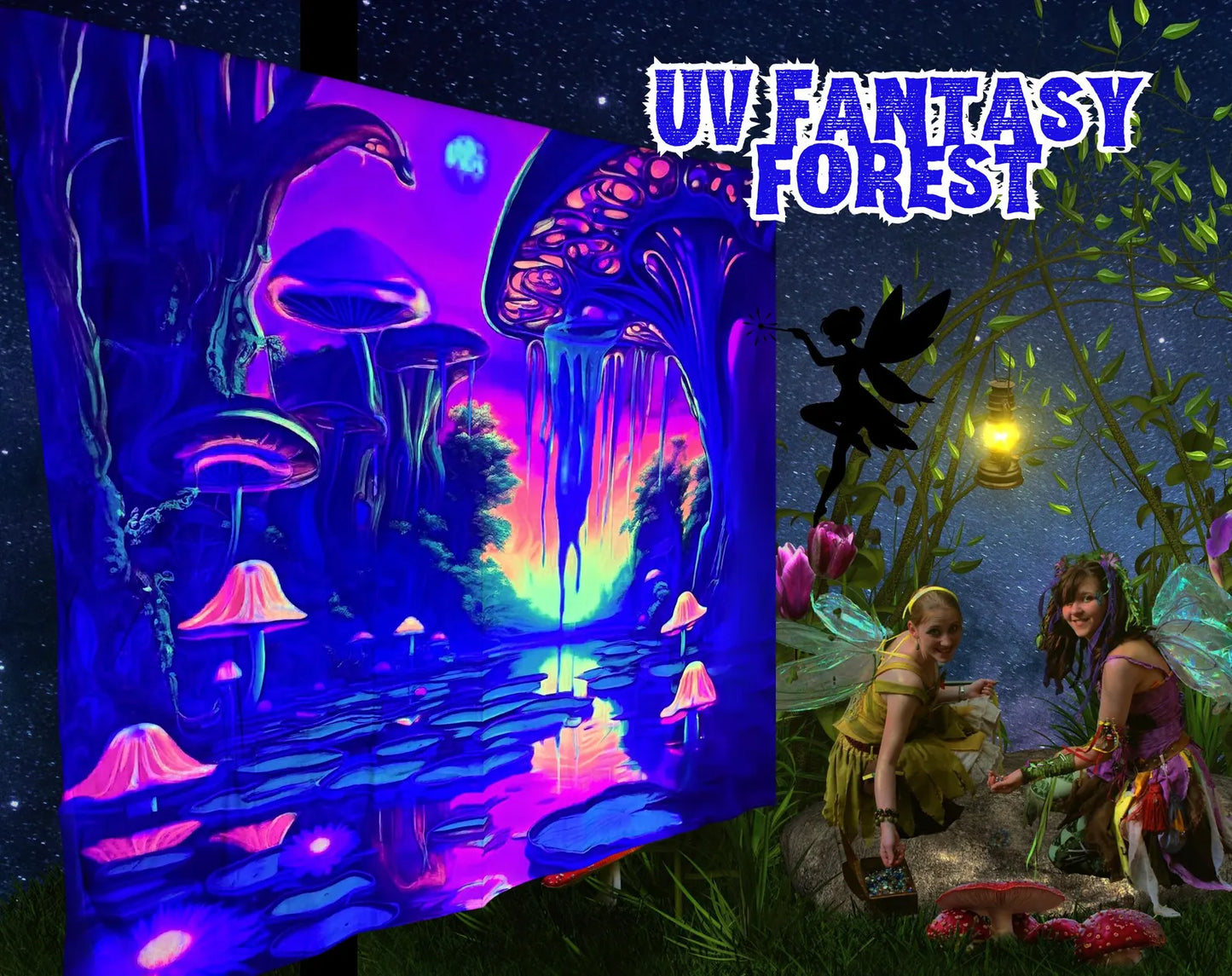 uv mushroom fantasy forest glowing tapestry