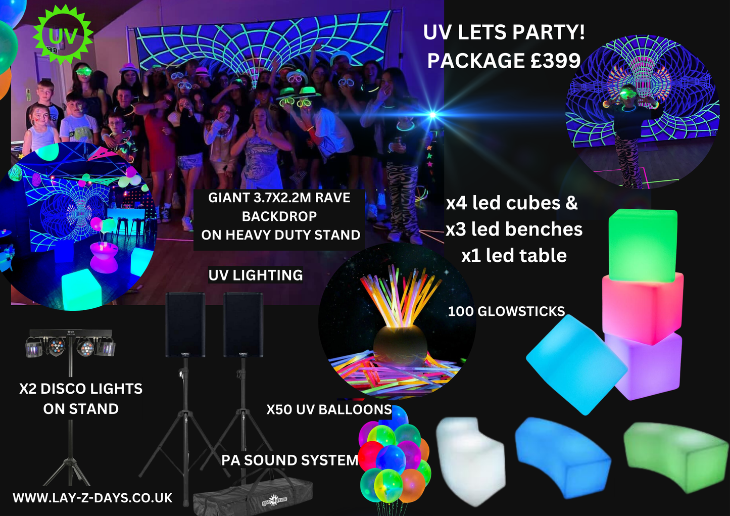 UV Glow in the dark lets party venue package