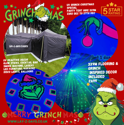 GRINCH INSPIRED CHRISTMAS PARTY TENT HIRE 3X9M - Lay-z-days Event's™GRINCH INSPIRED CHRISTMAS PARTY TENT HIRE 3X9M
