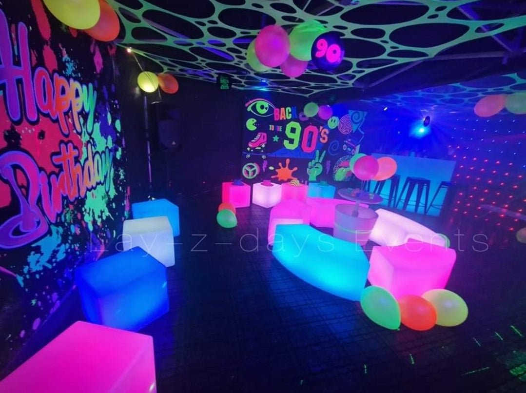 Uv Neon 90s Glow in the dark backdrop hire & stand - Lay-z-days Event's™Uv Neon 90s Glow in the dark backdrop hire & stand